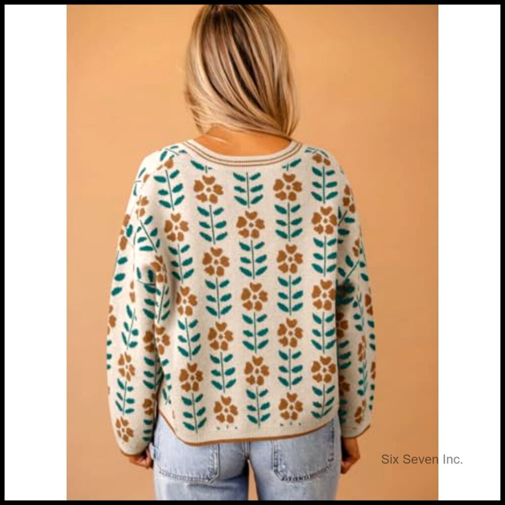 Floral Print V-Neck Cardigan Open Front Button Down Knit Sweater Long Sleeve - Picture 3 of 7